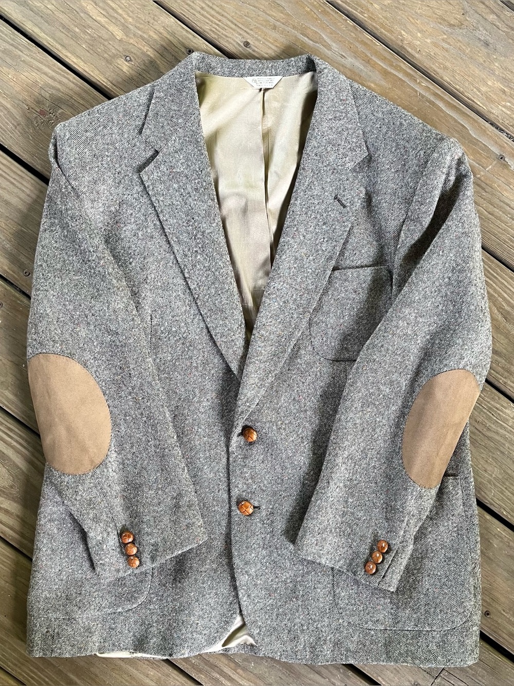 VTG Triple Patch Pocket Gray Flecked Donegal Tweed Leather Elbow Patch Blazer48R